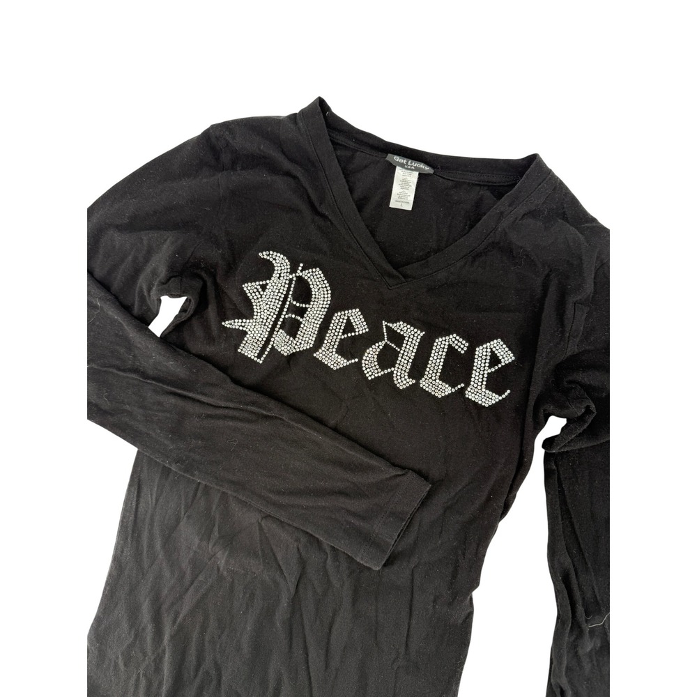 Get‎ Lucky USA Mens Peace Rhinestone Long Sleeve Shirt Black V-Neck Y2K Large